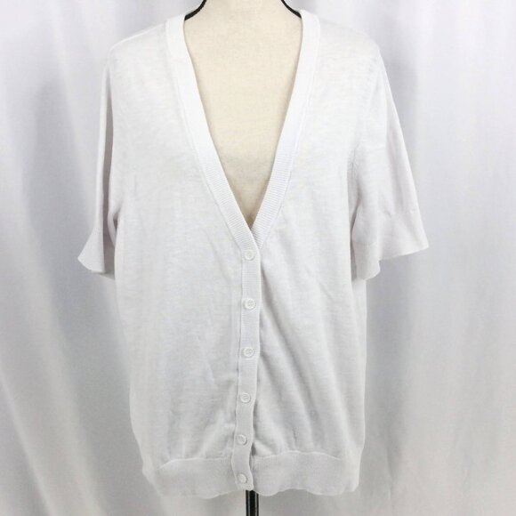 Woman Within Plus Size Short Sleeve V-Neck Cardigan 1X 22/24 White Cotton - Picture 1 of 11